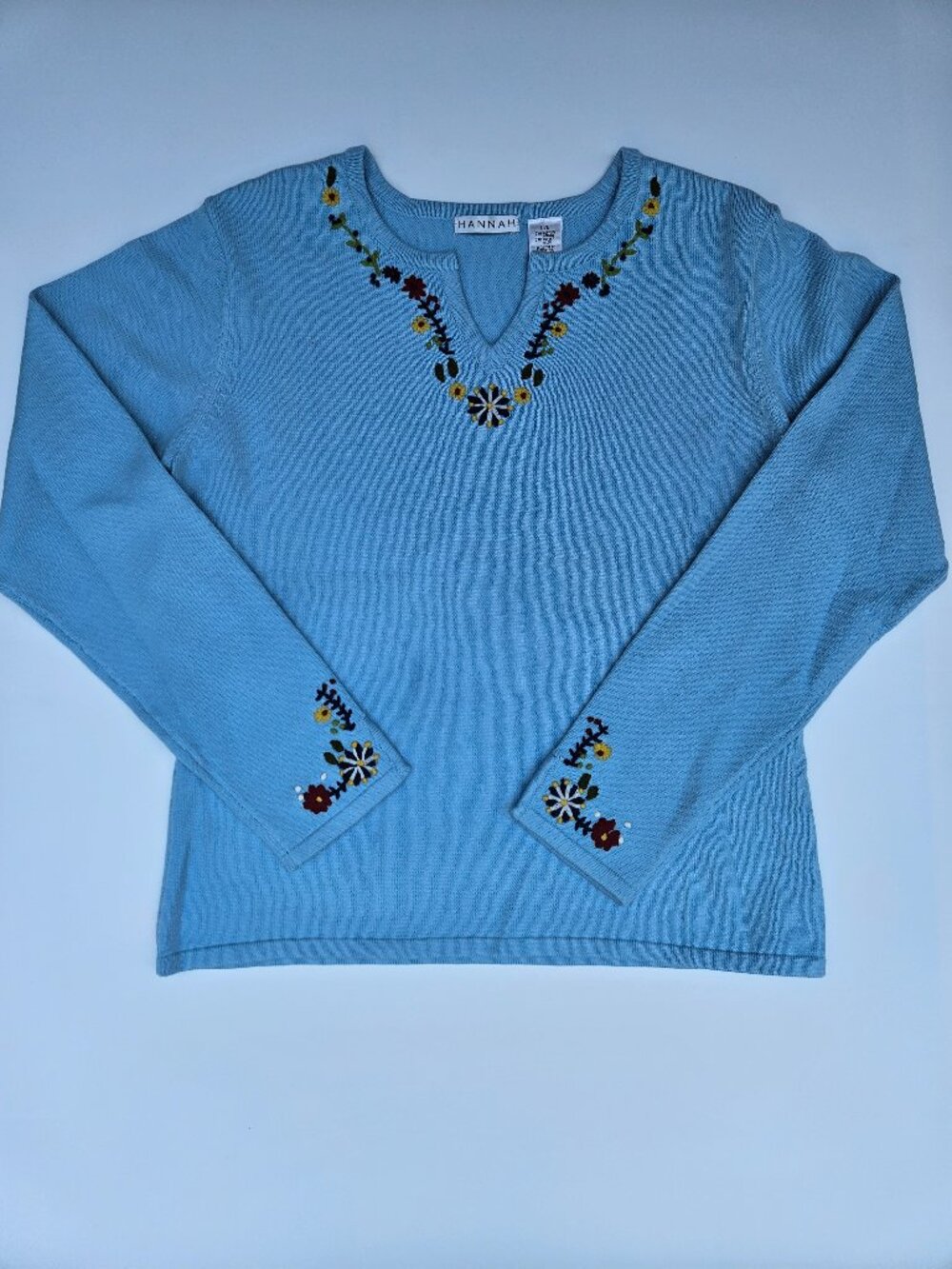 Hannah Women’s Large Floral Embroidered Blue Knit Sweater Cottagecore